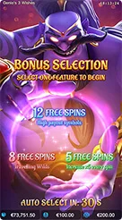 Genie's 3 Wishes · Pemantauan simbol gulungan dan teks pemicu fitur putaran gratis.